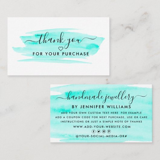 Modern Script Watercolor Pinselstrich Danke Visitenkarte (Vorne/Hinten)