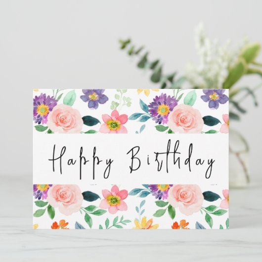 Modern Script Watercolor Wildblume Happy Birthday Karte (Stehend Vorderseite)