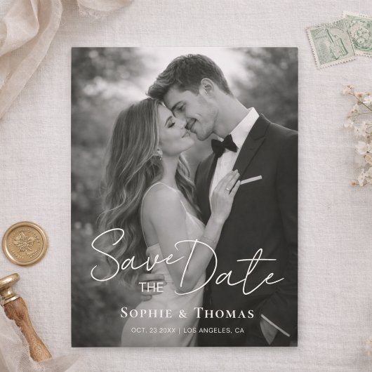 Modern Script Wedding 2 Photos Save the Date