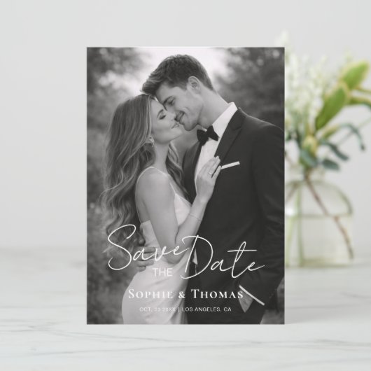 Modern Script Wedding 2 Photos Save the Date (Stehend Vorderseite)