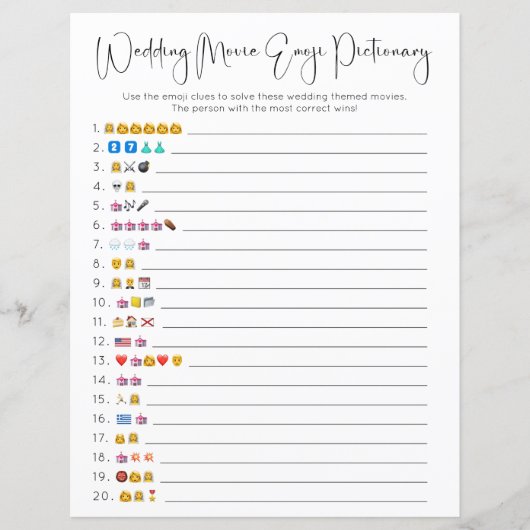 Modern Script Wedding Film Emoji Pictionary Game (Vorderseite)