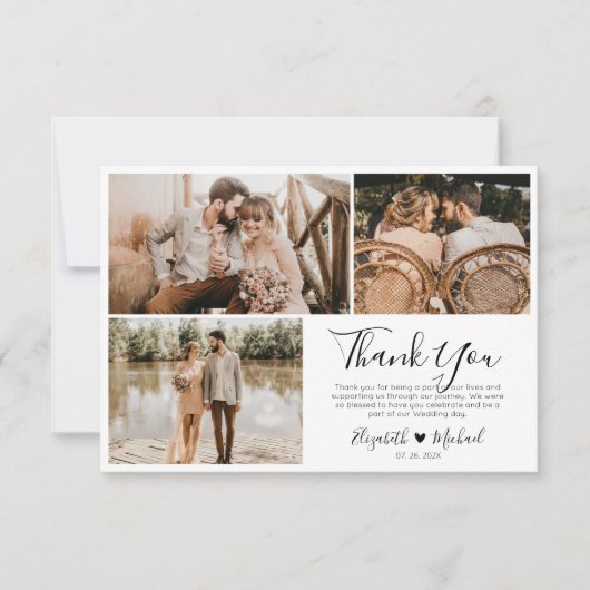 Modern Script Wedding Foto Collage Danke Karte (Vorderseite)