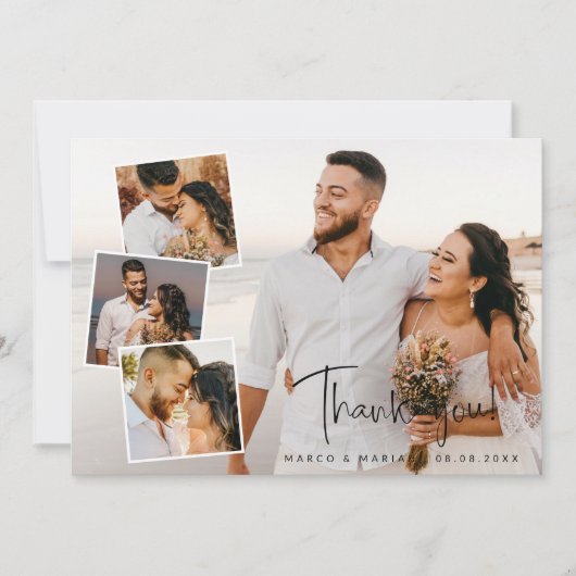 Modern Script Wedding Foto Collage Vielen Dank Dankeskarte (Vorderseite)
