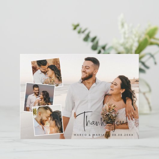 Modern Script Wedding Foto Collage Vielen Dank Dankeskarte (Stehend Vorderseite)