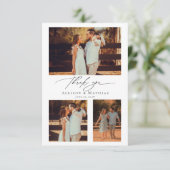 Modern Script Wedding Photo Collage Dankeskarte (Stehend Vorderseite)