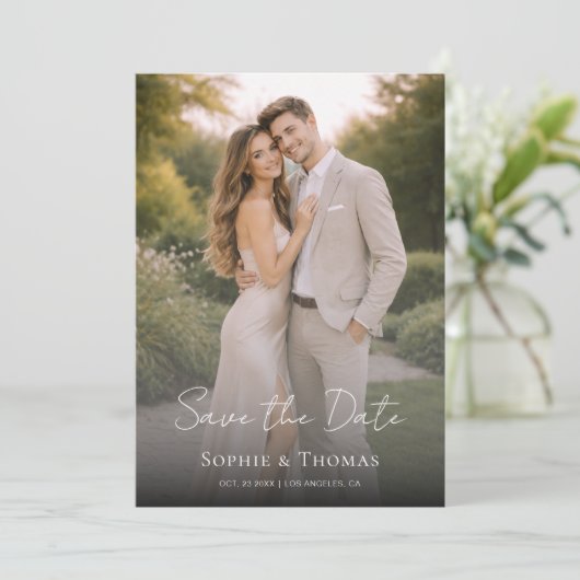 Modern Script Wedding Photo Save the Date (Stehend Vorderseite)