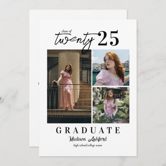 Modern Script White 3 Foto Collage Abschluss Ankündigung (Vorne/Hinten)