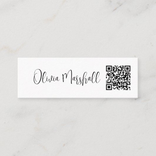 Modern Script White Black Minimalistisch QR CODE Mini Visitenkarte (Vorderseite)