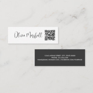 Modern Script White Black Minimalistisch QR CODE Mini Visitenkarte
