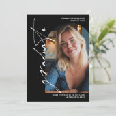 Modern Script white graduate photo graduation Einladung (Stehend Vorderseite)