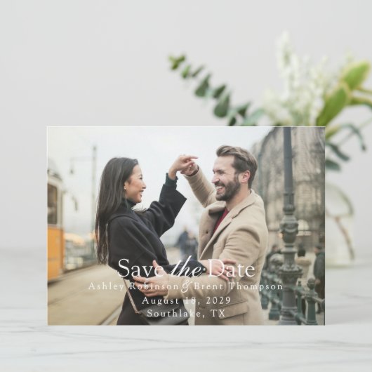 Modern Script White Text Horizontal Photo (Stehend Vorderseite)