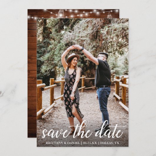 Modern Script Wood Jar Lights Save the Date Card Einladung (Vorne/Hinten)