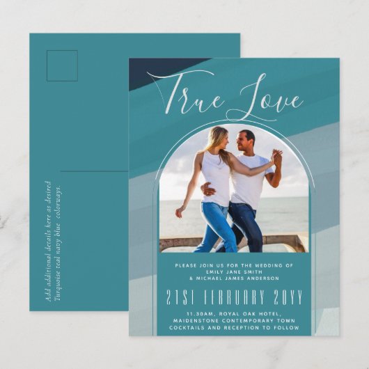 Modern Sea Glass Ocean Peacock Blue Teal Wedding Postkarte (Vorne/Hinten)