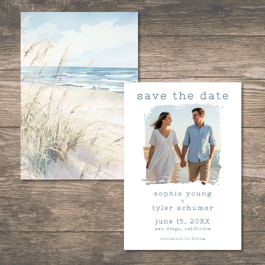 Modern Seaside Watercolor Beach Grasses Wedding Save The Date