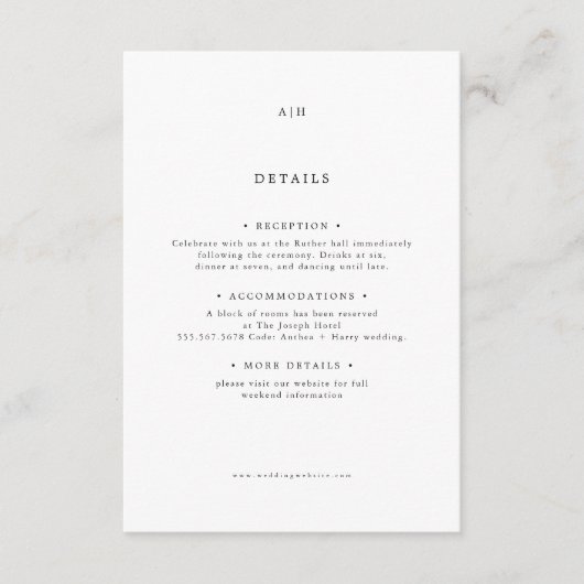 Modern Serif Monogram Editorial Wedding Deatils Begleitkarte (Vorderseite)