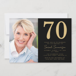 Modern Seventieth Black Gold Photo 70th Birthday Einladung