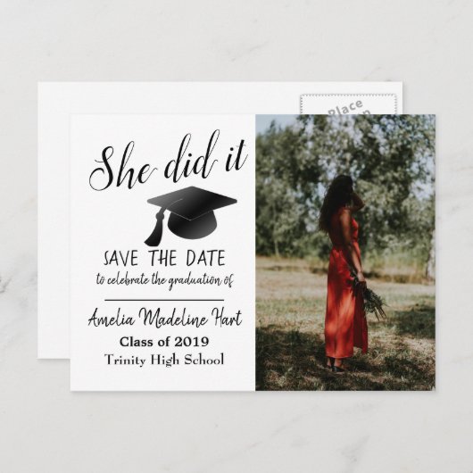 Modern | Sie hat es Save the Date im Foto gemacht Postkarte (Vorne/Hinten)