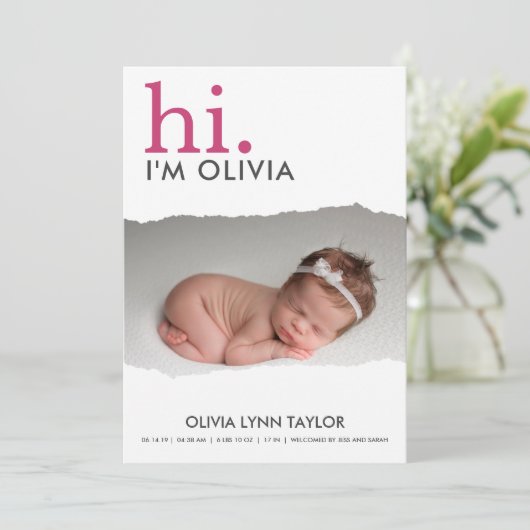 Modern Sie Ihre Foto Torn Paper Birth Ankündigung (Stehend Vorderseite)