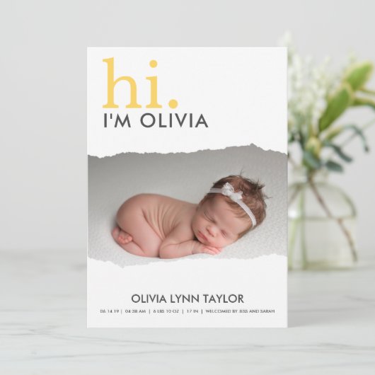 Modern Sie Ihre Foto Torn Paper Birth Ankündigung (Stehend Vorderseite)