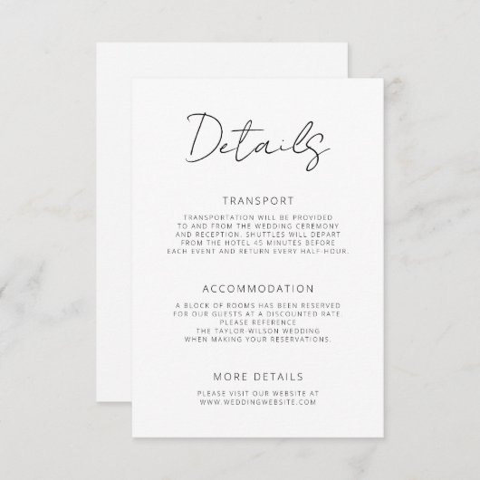 Modern Signature Script Minimal Wedding Details Begleitkarte (Vorne/Hinten)