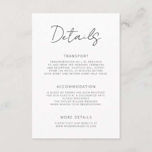 Modern Signature Script Minimal Wedding Details Begleitkarte (Vorderseite)