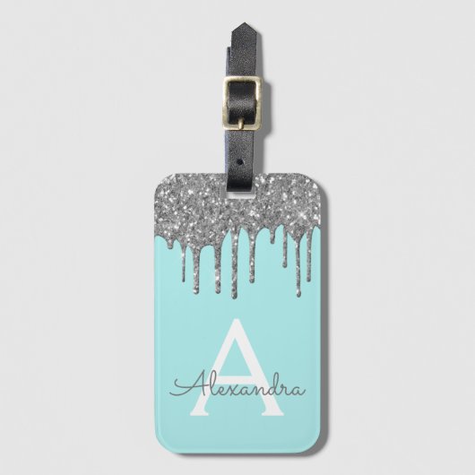 Modern Silver Aquamarin Blue Glitzer Sparkeller Mo Gepäckanhänger (Vorderseite Vertikal)