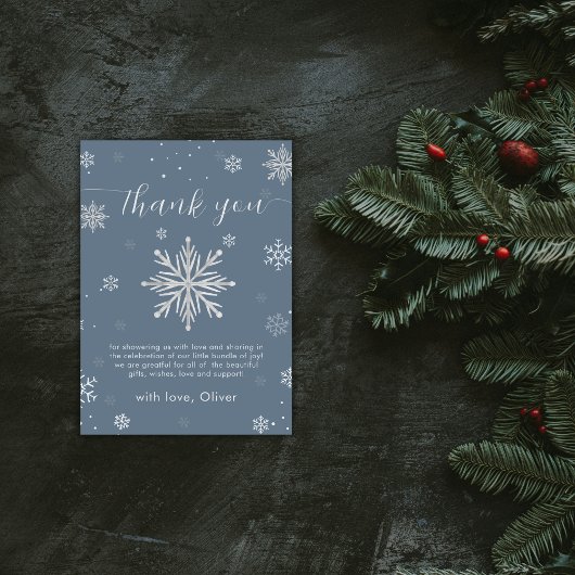 Modern Silver Blue Magical Snowflake Baby Shower  Dankeskarte