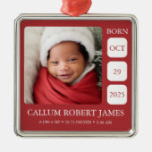 Modern Silver Border Red Baby Birth Stats Ornament Aus Metall (Vorne)