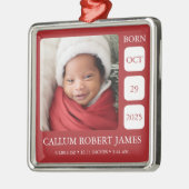 Modern Silver Border Red Baby Birth Stats Ornament Aus Metall (Links)