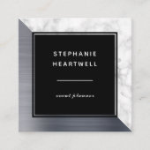 Modern Silver Brushed Foil White Marble Black Quadratische Visitenkarte (Vorderseite)