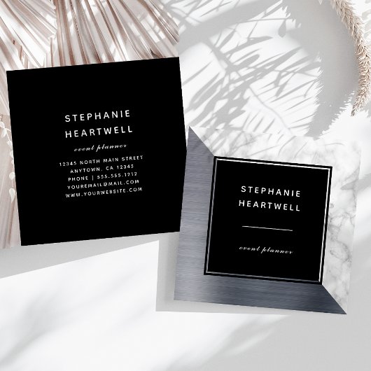 Modern Silver Brushed Foil White Marble Black Quadratische Visitenkarte