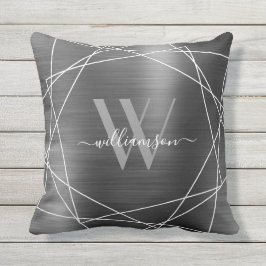 Modern Silver Brushed Metal Monogram Name Script Kissen