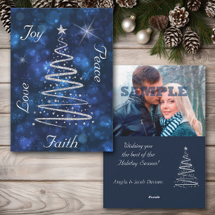 Modern Silver Christmas Tree Blue Photo Template Feiertagskarte