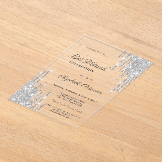 Modern Silver Glitter Drips Rose Gold Bar Mitzvah Acryleinladungen (Ablage )