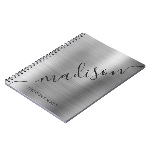 Modern Silver Gray Monogram Script Name Notebook Notizblock (Linke Seite)