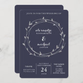 Modern Silver Leafy Circles Midnight Blue Wedding Einladung (Vorne/Hinten)