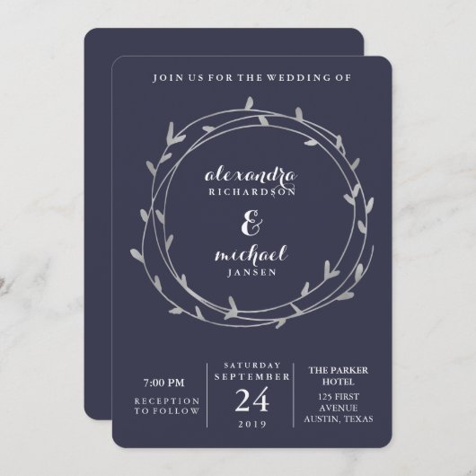 Modern Silver Leafy Circles Midnight Blue Wedding Einladung (Vorne/Hinten)