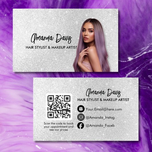 Modern Silver Makeup Photo QR Code Logo Visitenkarte