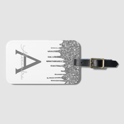 Modern Silver White Glitzer Sparkeller Monogram Gepäckanhänger (Vorderseite (Horizontal))