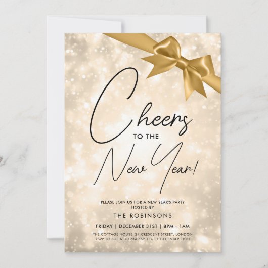 MODERN Silvester Gold Champagne Bokeh Gold Bow Einladung (Vorderseite)