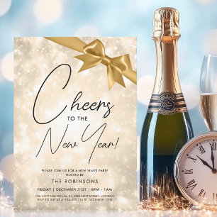 MODERN Silvester Gold Champagne Bokeh Gold Bow Einladung