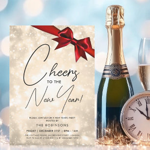 MODERN Silvester Gold Champagne Bokeh Red Bow Einladung