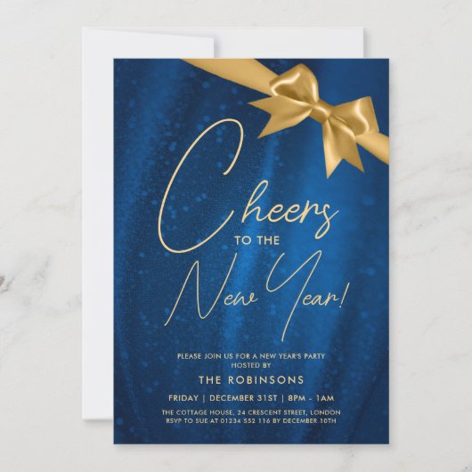 MODERN Silvester Gold Navy Sparkle Sequel Bow Einladung (Vorderseite)