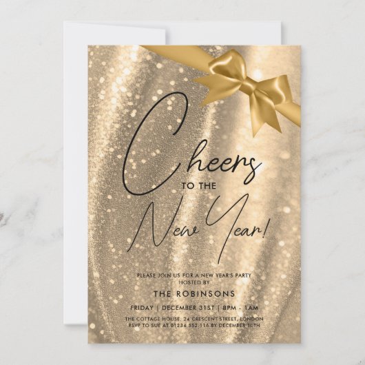 MODERN Silvester Gold Sparkle Sequel Bow Einladung (Vorderseite)