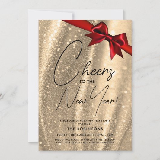 MODERN Silvester Gold Sparkle Sequel Red Bow Einladung (Vorderseite)