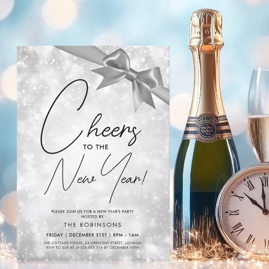MODERN Silvester Silver Champagne Bokeh Bow Einladung