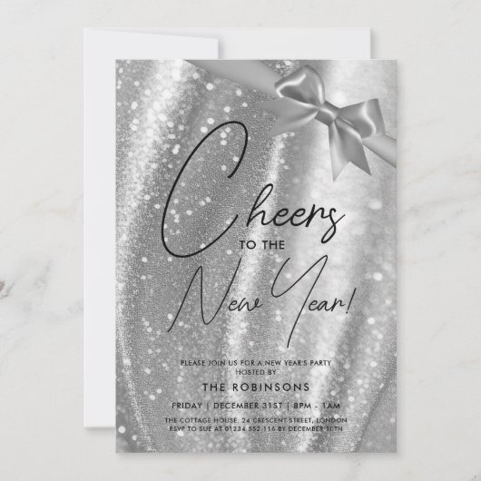 MODERN Silvester Silver Sparkle Sequin Bow Einladung (Vorderseite)