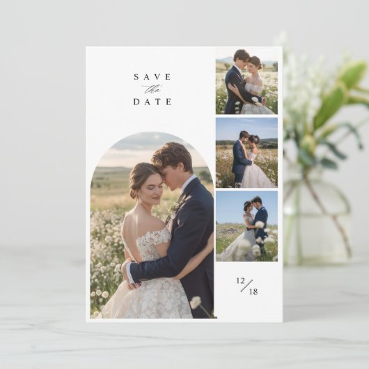 Modern Simple Arch 4 Foto Collage Wedding Save The Date (Stehend Vorderseite)