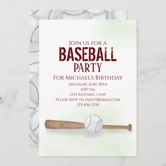 Modern Simple Birthday Watercolor Baseball Niedlic Einladung (Vorne/Hinten)