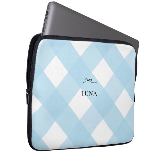 Modern Simple Black Bow Blue Monogram Gingham Laptopschutzhülle (Vorne Rechts)